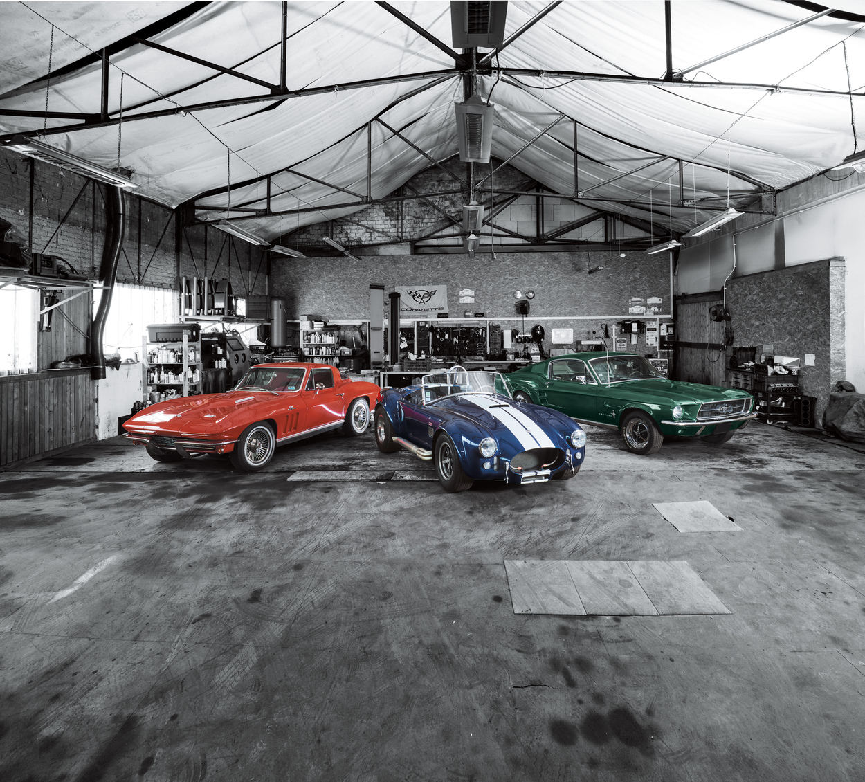 Three icons of the American car culture_Chevrolet Corvette, Shelby Cobra, Ford Mustang (from left to right)