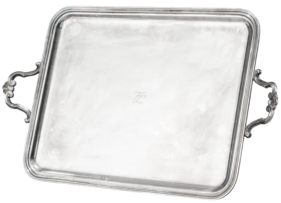 A French silver plated rectangular tray Christofle Paris 20th century with a KL monogram