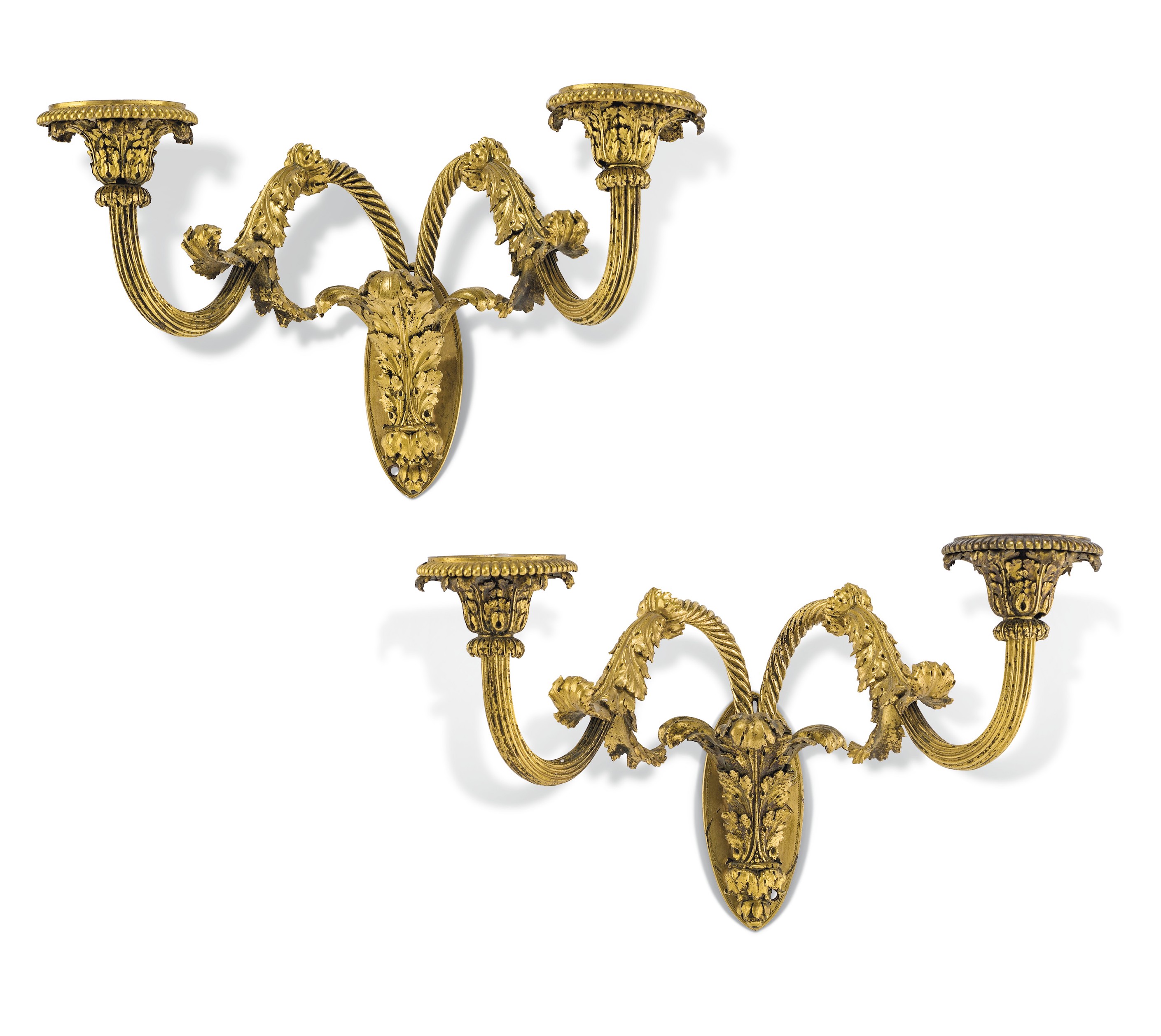 A PAIR OF LOUIS XVI ORMOLU TWO BRANCH WALL LIGHTS