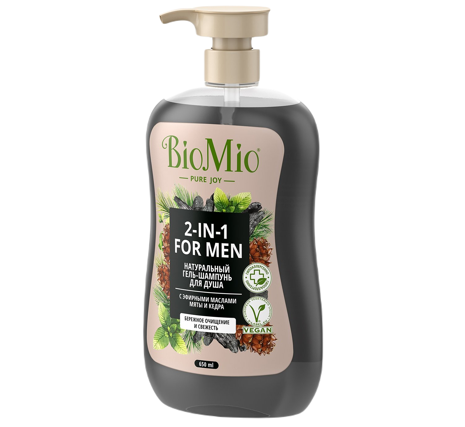 BioMio For Men Натуральный гель шампунь для душа с эфирными маслами мяты и кедра 2 в 1 650 мл