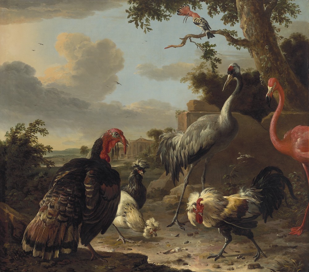 Christies Pierre Durand Lot 47 MELCHIOR DHONDECOETER A sarus crane a flamingo a wild bronze turkey cock two Paduan fowl a silver