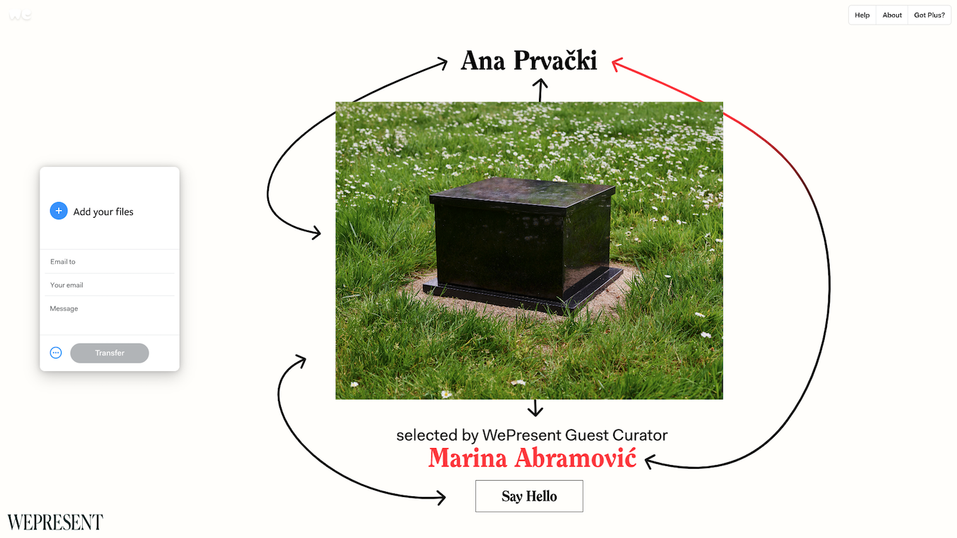 Screencapture of WeTransfer wallpaper. Ana Prvacki selected by WePresent s Guest curator Marina Abramovic