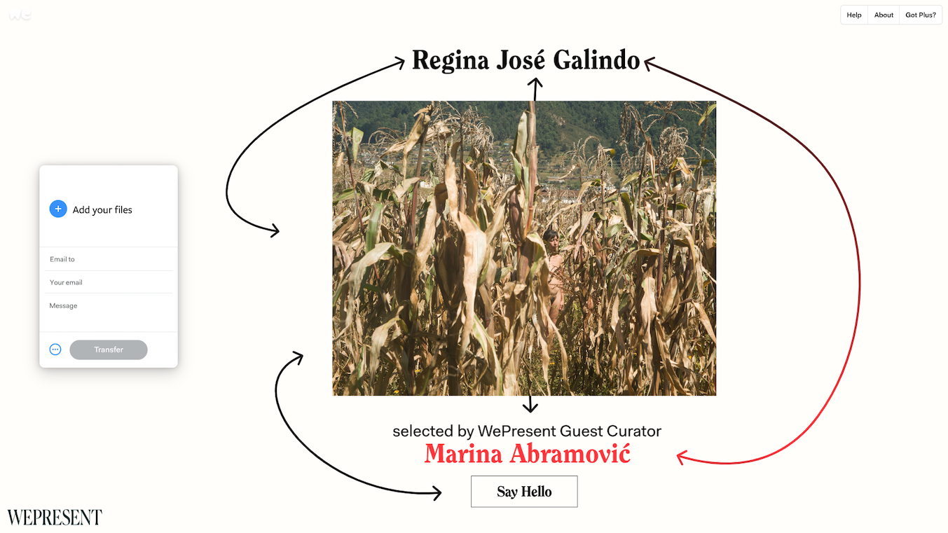 Screencapture of WeTransfer wallpaper. Regina José Galindo selected by WePresent s Guest curator Marina Abramovic